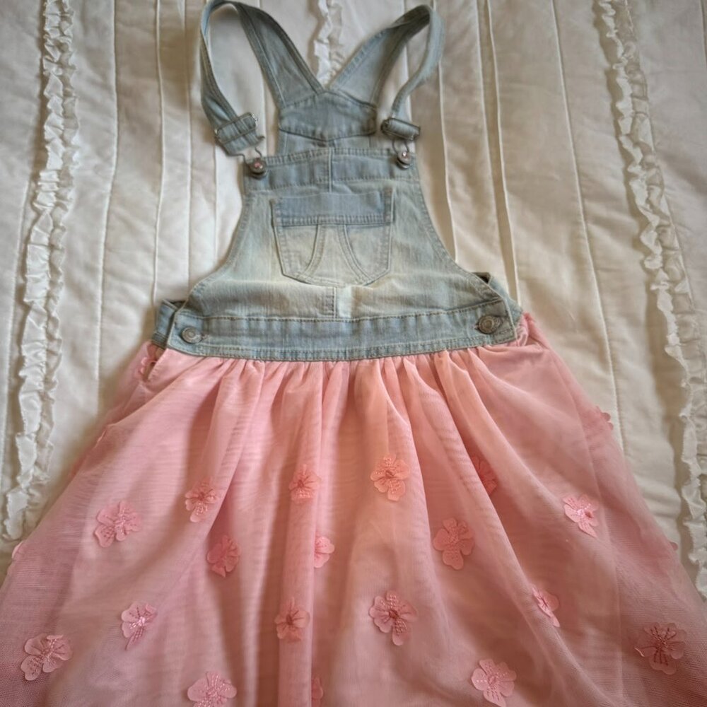 Jordache Overall Denim Dress Girls 7/8 with Pink Floral Lace Bottom
